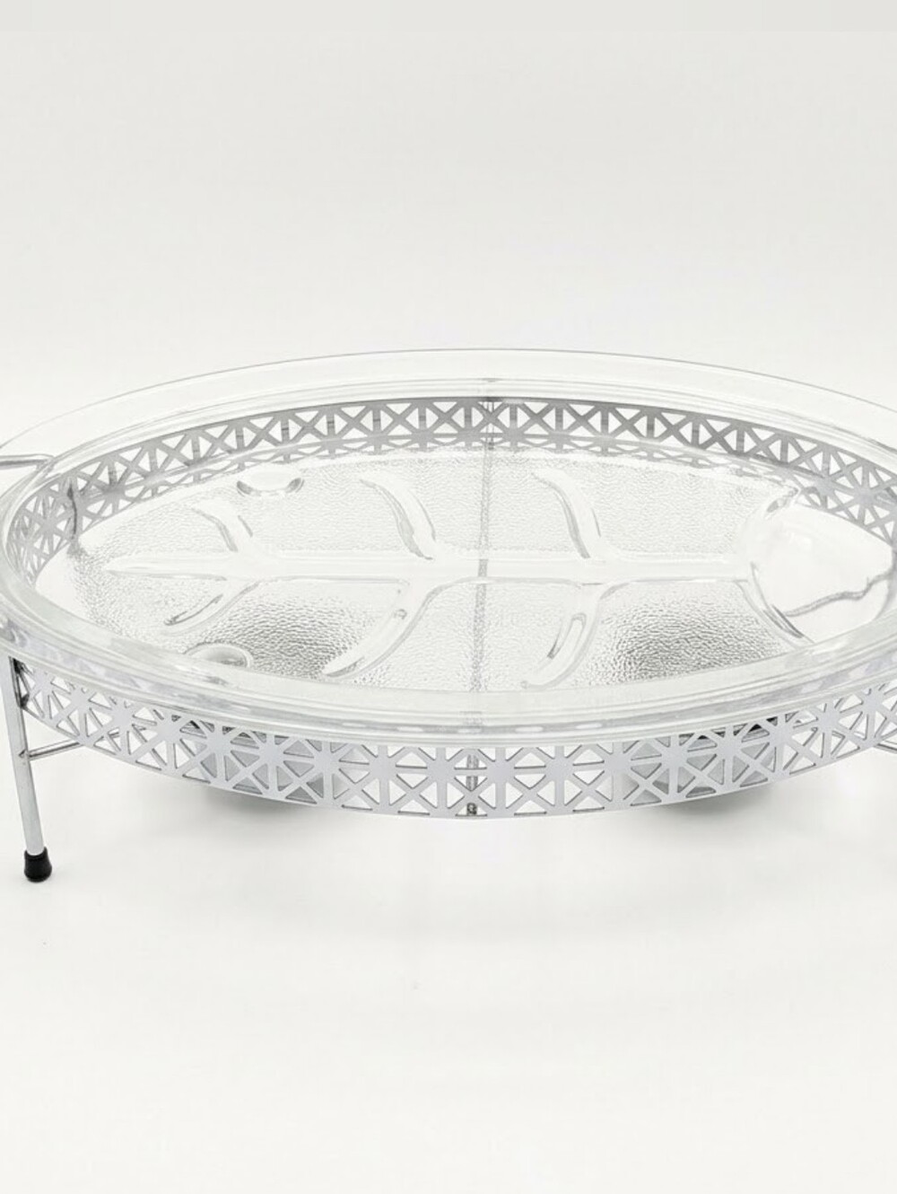 Atomic Era Inland Glass Well and Tree Platter Chrome Warmer Stand Set